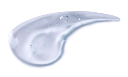 Photo of Sample of transparent shower gel on white background