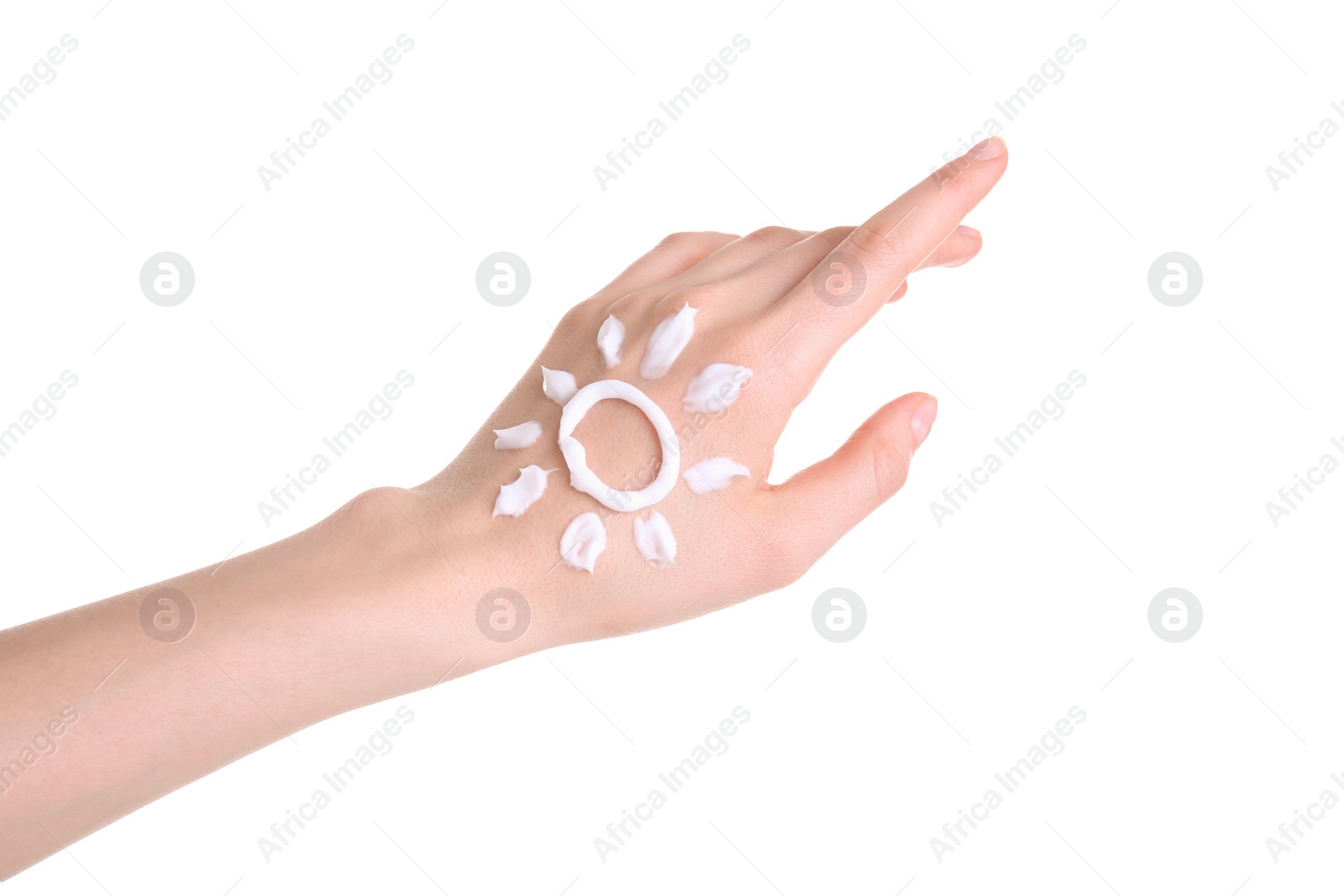 Photo of Young woman applying hand cream against on white background