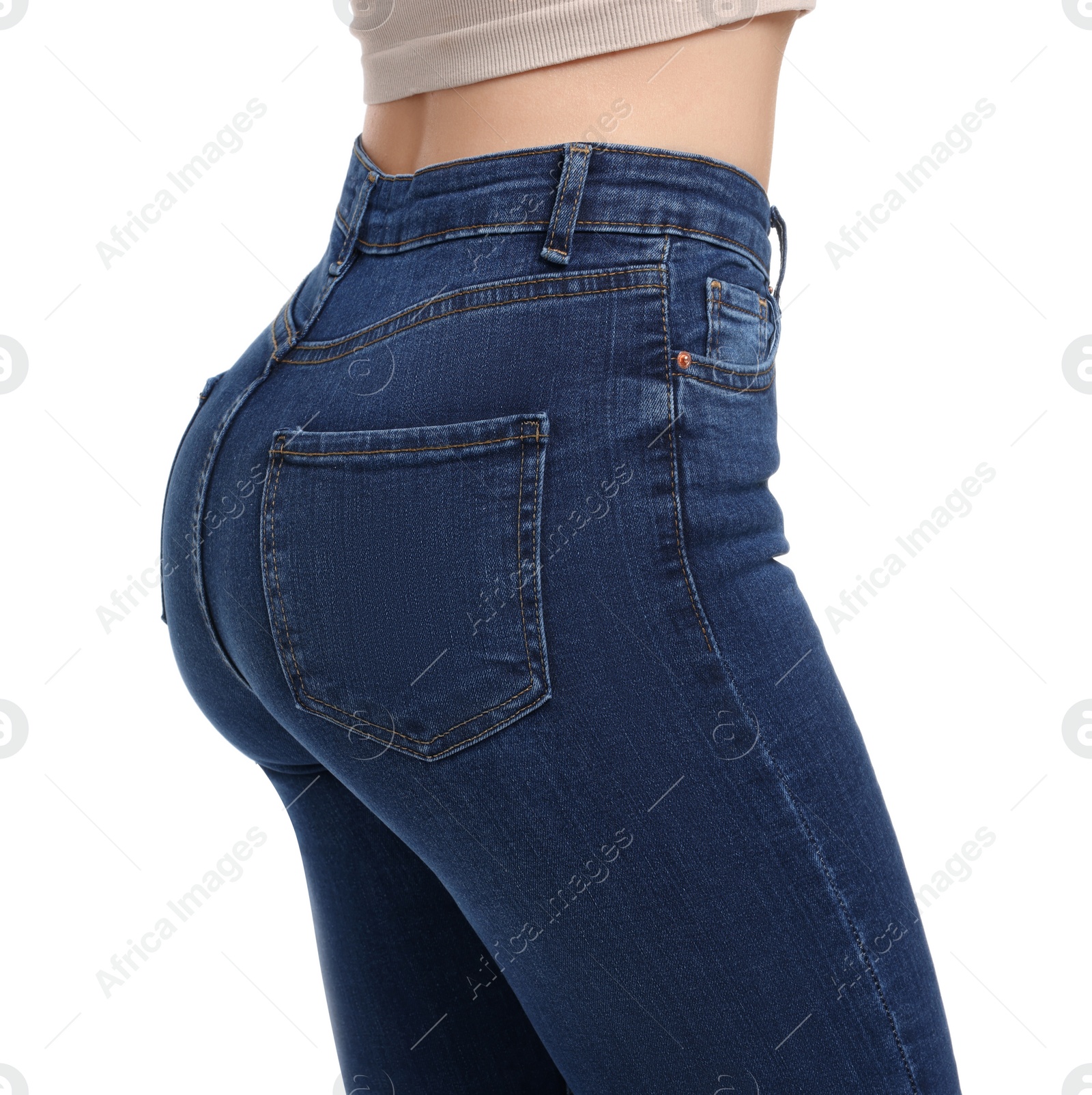 Photo of Woman in stylish jeans on white background, closeup. Space for text