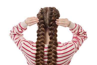Woman with braided hair on white background, back view