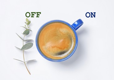Image of Coffee break. Cup of aromatic hot drink and eucalyptus on white background, top view