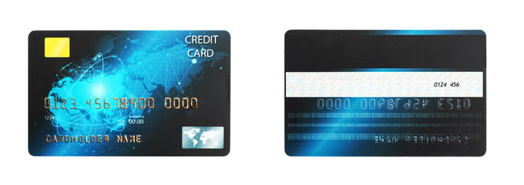 Image of Modern credit card on white background, front and back view. Banner design 