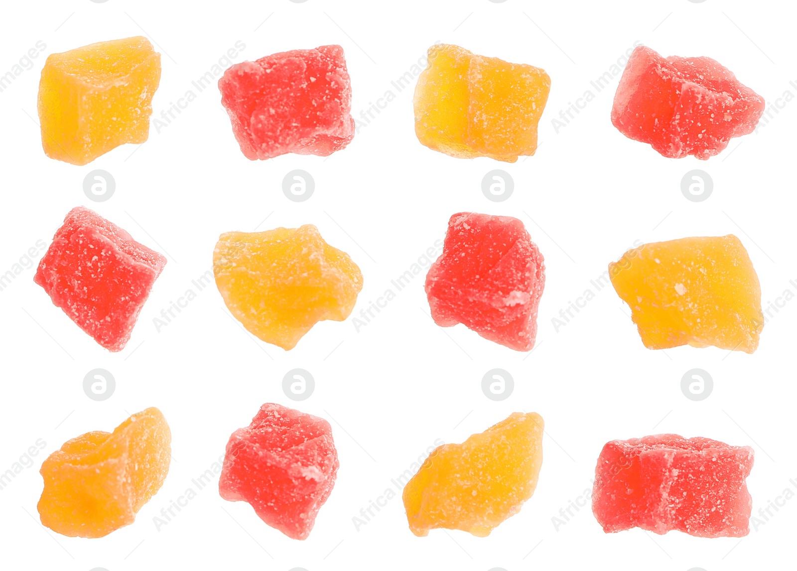 Image of Set with tasty pieces of candied fruits on white background 