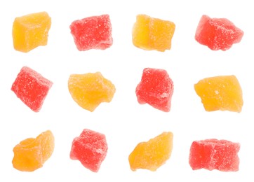 Image of Set with tasty pieces of candied fruits on white background 