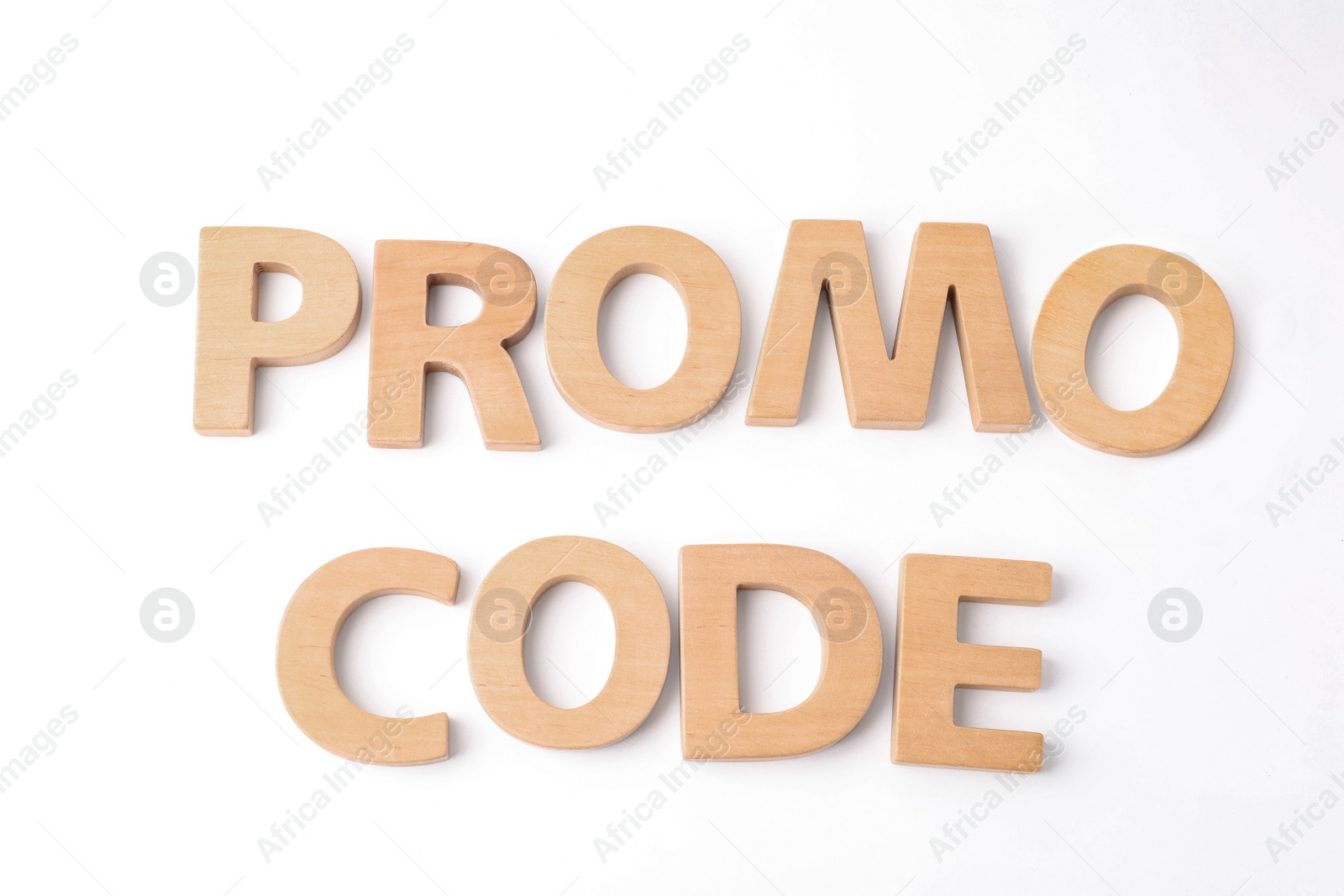 Photo of Words Promo Code made of wooden letters on white background, top view