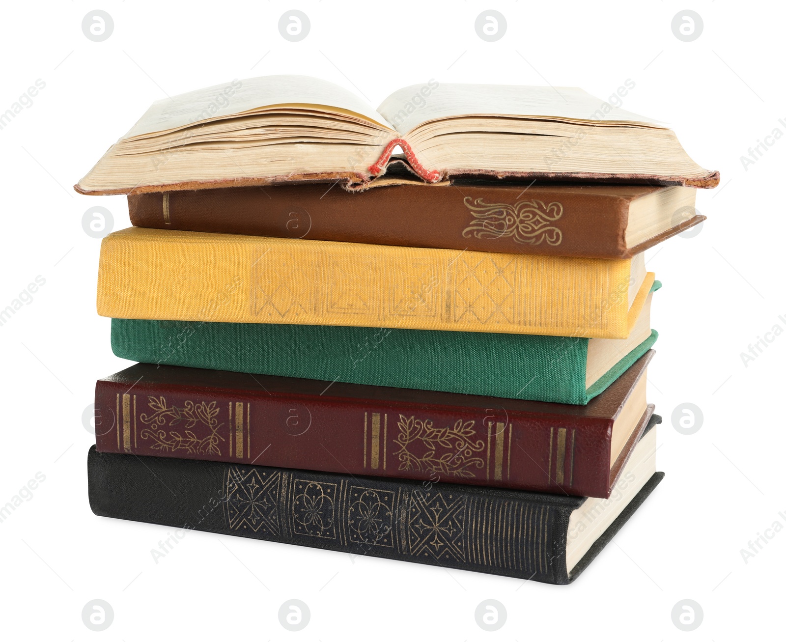 Photo of Stack of many old hardcover books isolated on white