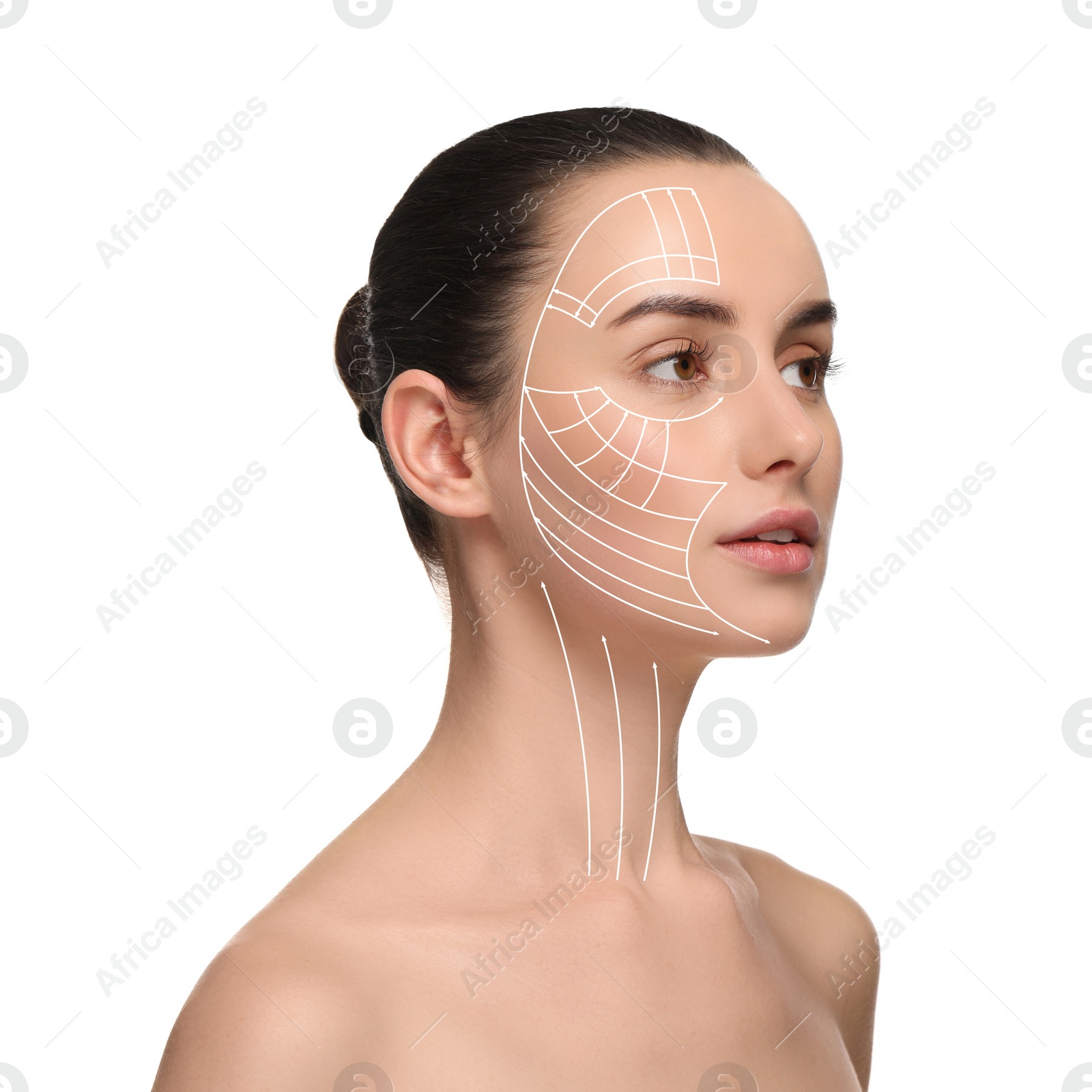 Image of Attractive woman with perfect skin after cosmetic treatment on white background. Lifting arrows on her face