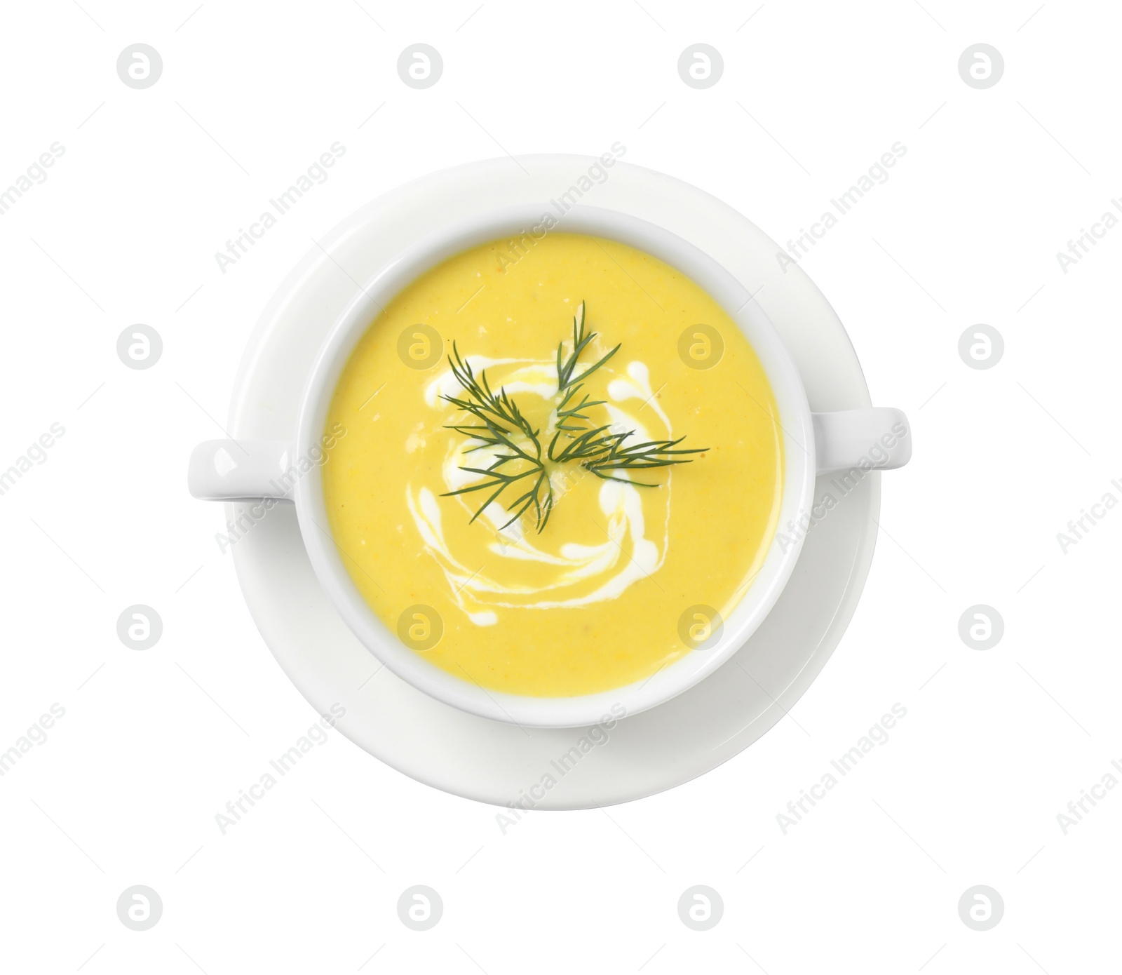 Photo of Delicious creamy corn soup isolated on white, top view