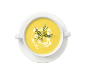 Delicious creamy corn soup isolated on white, top view