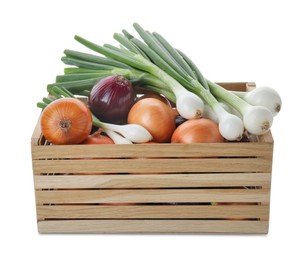 Wooden crate with different kinds of onions isolated on white