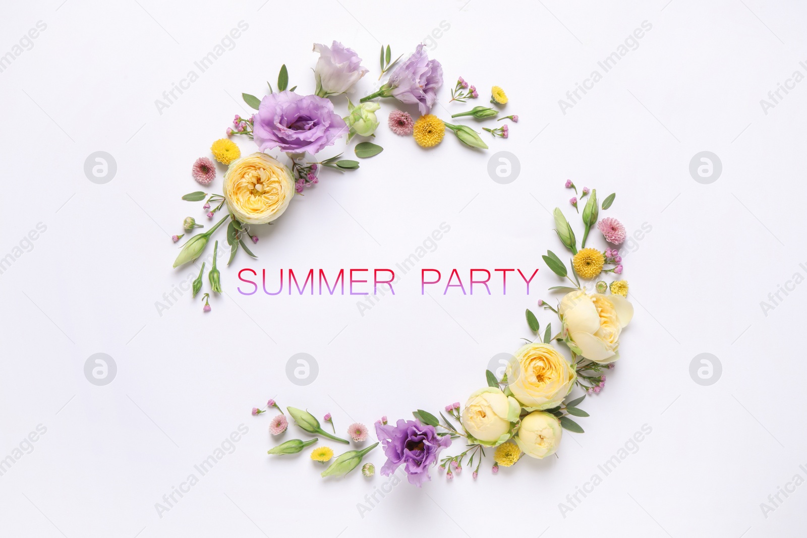 Image of Composition with beautiful flowers and phrase SUMMER PARTY on white background, flat lay