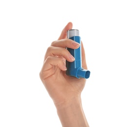 Photo of Woman holding asthma inhaler on white background, closeup