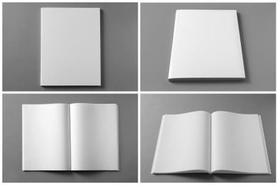 Open blank brochures on grey background, collage 