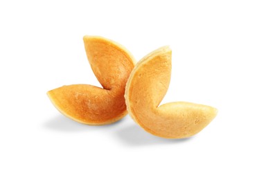 Tasty traditional fortune cookies on white background