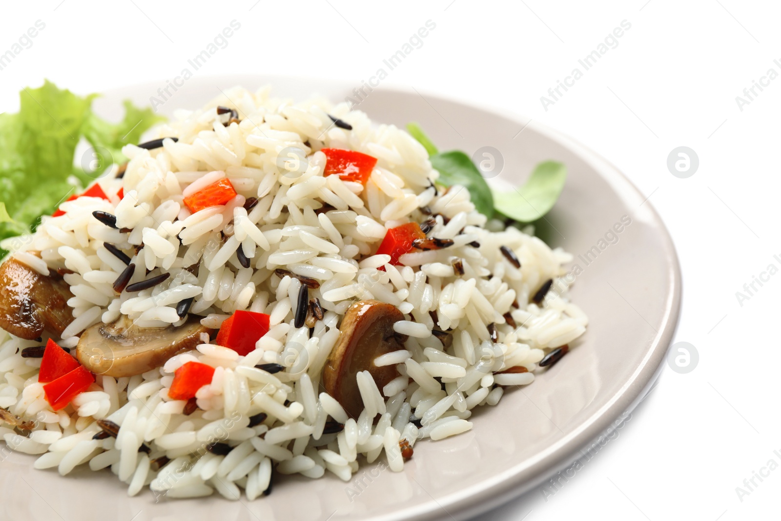 Photo of Delicious rice pilaf with mushrooms on white background, closeup