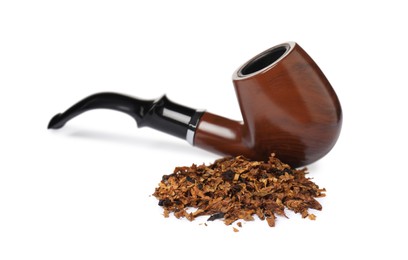 Pile of tobacco and smoking pipe on white background