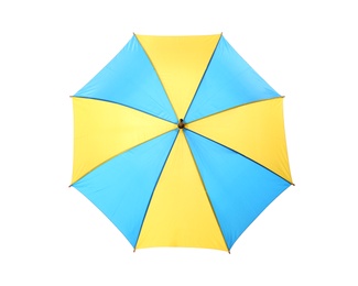 Photo of Modern opened bright umbrella isolated on white