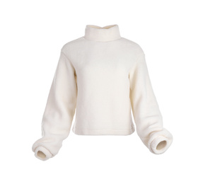 Photo of Stylish warm cashmere sweater isolated on white