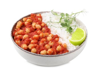 Delicious chickpea curry with rice isolated on white