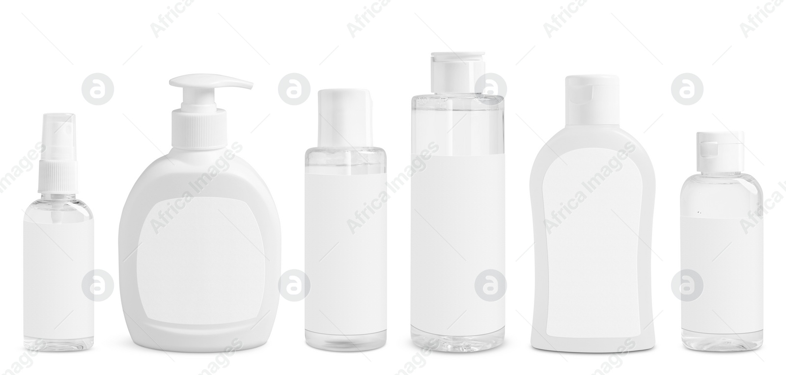 Image of Set of cosmetic bottles with skin care products isolated on white