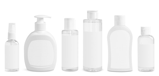 Image of Set of cosmetic bottles with skin care products isolated on white