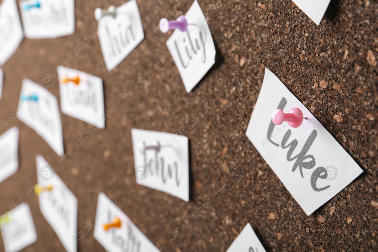 Photo of Paper pieces with baby names on cork board, closeup