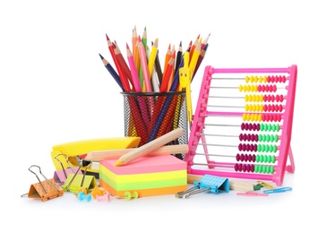 Different colorful stationery on white background. Back to school