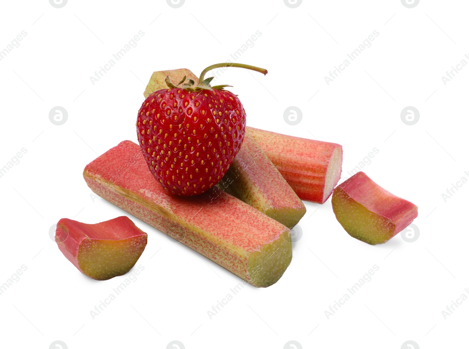 Photo of Cut rhubarb and fresh strawberry isolated on white