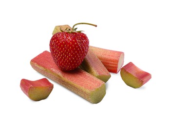 Cut rhubarb and fresh strawberry isolated on white