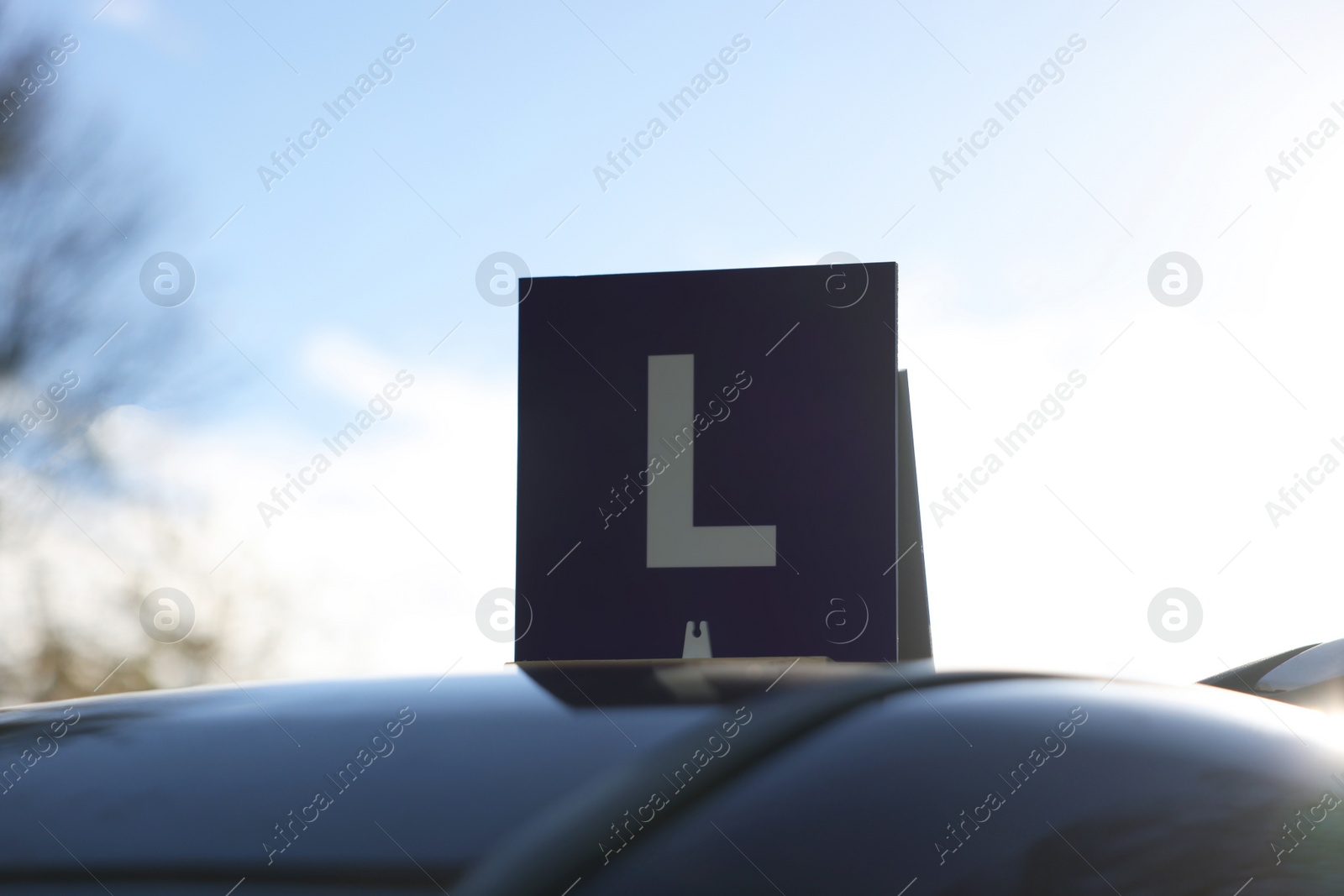 Photo of L-plate on car roof outdoors. Driving school