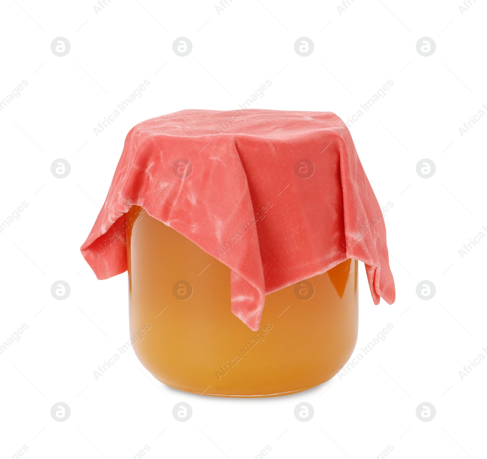 Photo of Jar of tasty jam covered with beeswax food wrap isolated on white