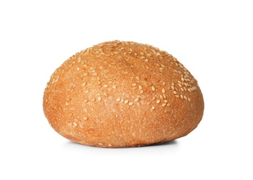 Photo of Fresh burger bun with sesame seeds isolated on white