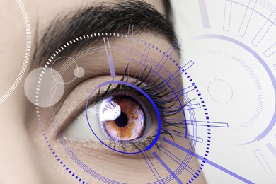 Image of Closeup view of woman in process of scanning, focus on eye