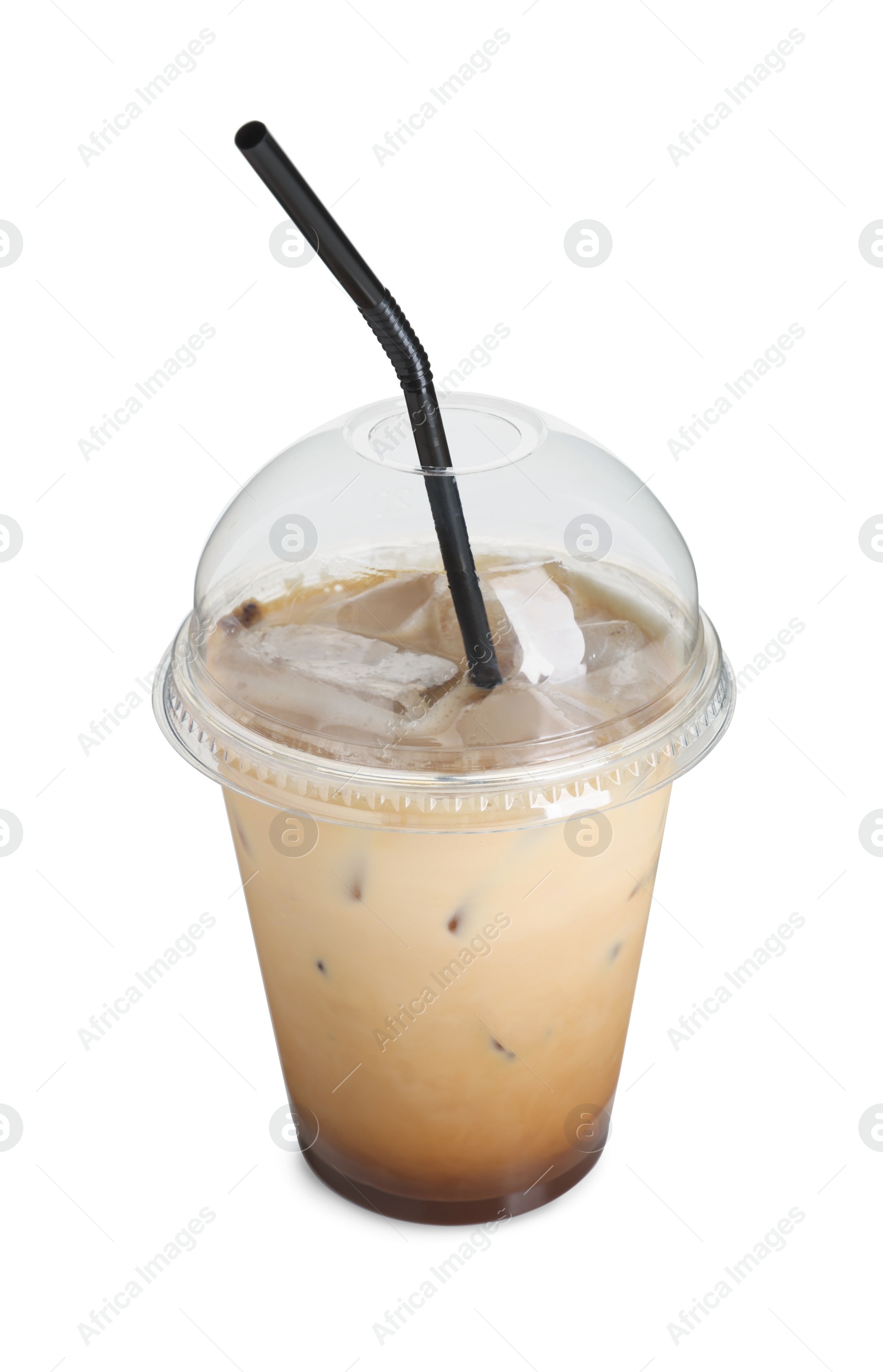 Photo of Takeaway plastic cup with cold coffee drink and straw isolated on white