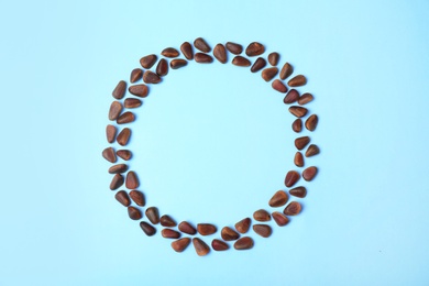Photo of Round frame made of pine nuts on color background, top view with space for text
