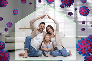 Happy family with strong immunity at home. House shaped outline blocking viruses, illustration