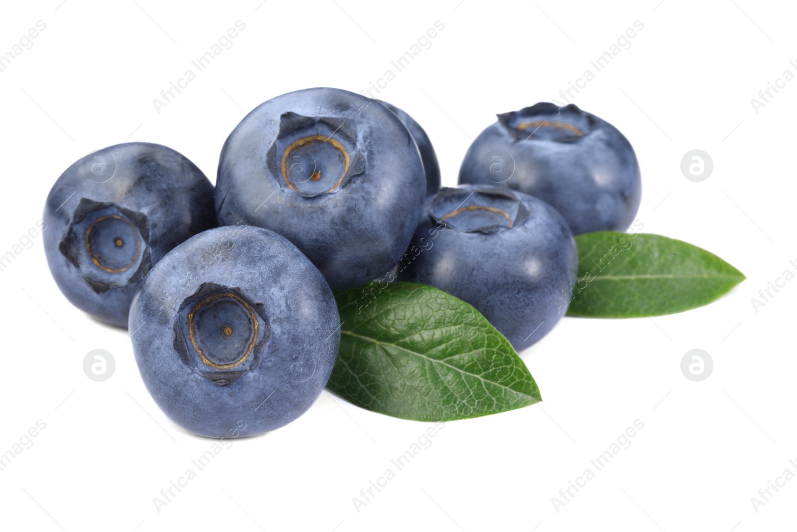 Photo of Many fresh ripe blueberries and leaves isolated on white