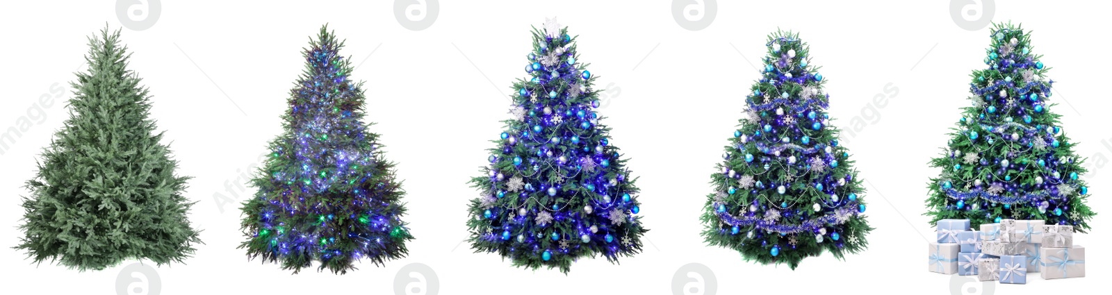 Image of Christmas tree isolated on white, step-by-step decorating