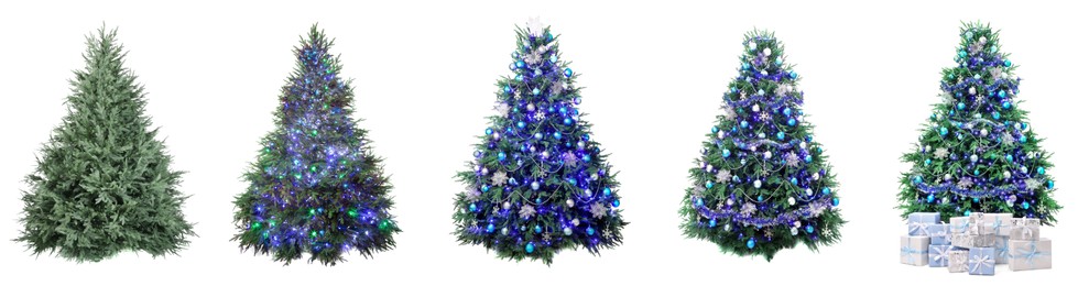 Image of Christmas tree isolated on white, step-by-step decorating