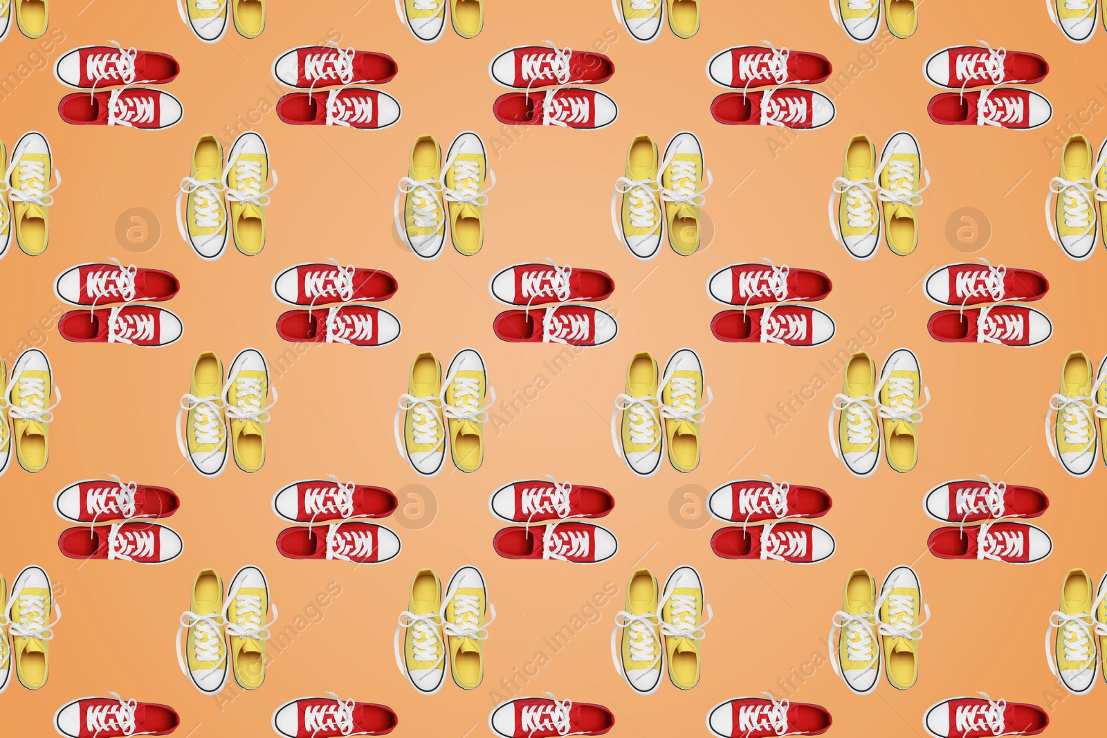 Image of Collage of classic old school sneakers on pale orange background, top view