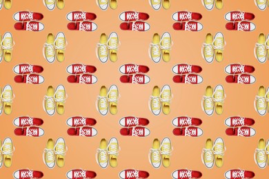 Image of Collage of classic old school sneakers on pale orange background, top view