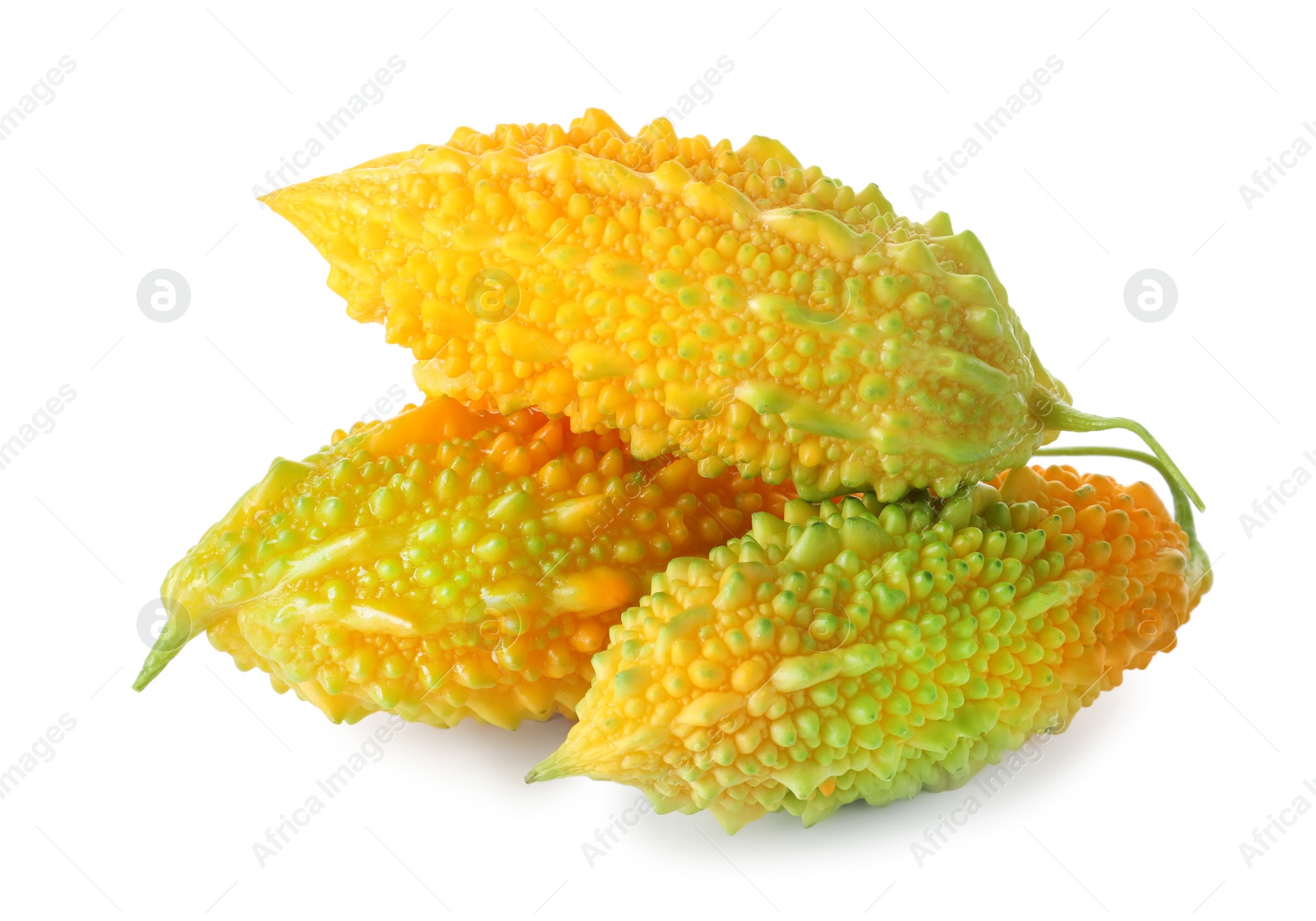 Photo of Fresh ripe bitter melons on white background