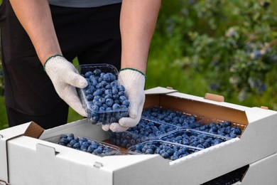 Photo of Man with containers of fresh blueberries outdoors, closeup. Seasonal berries