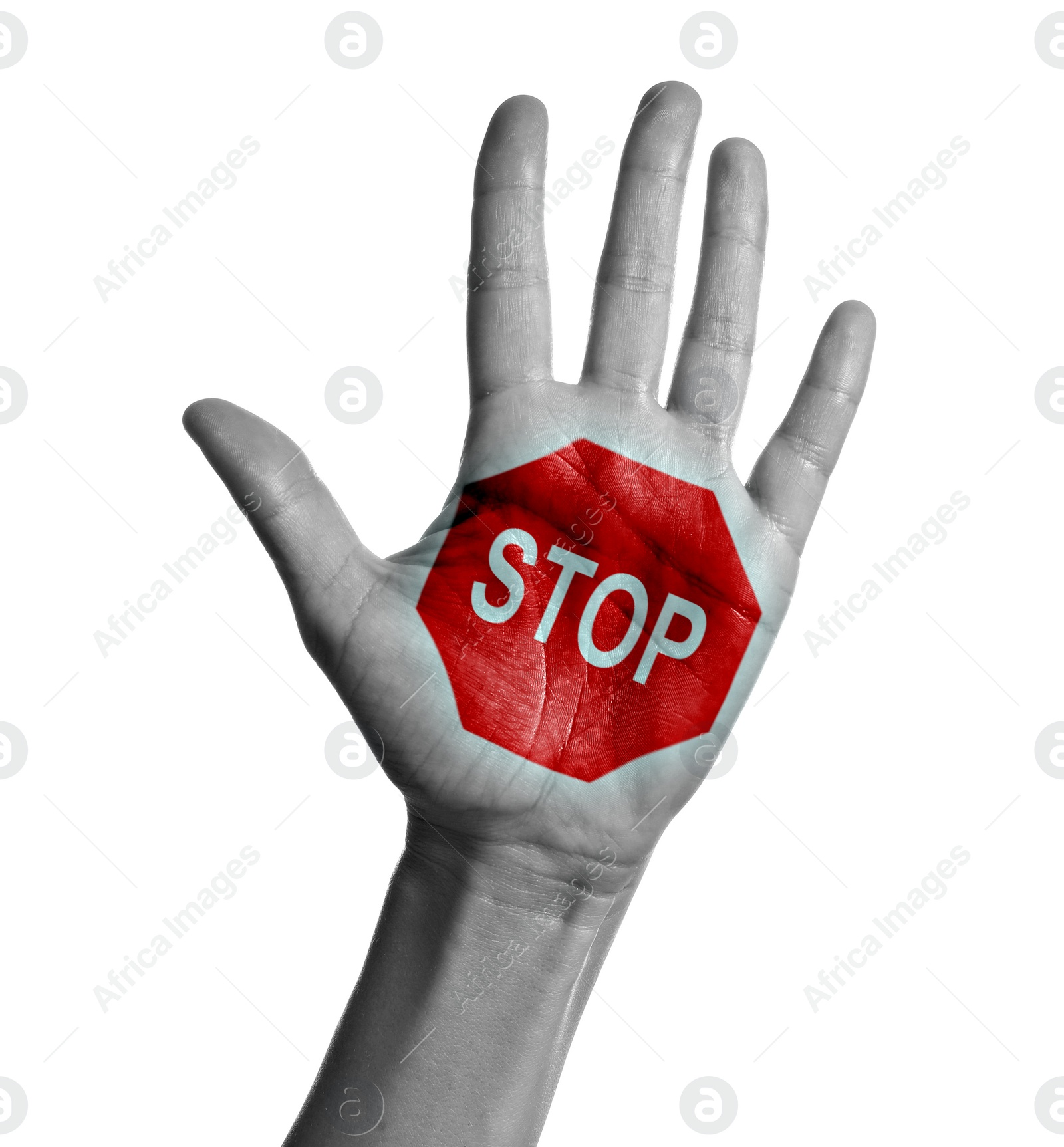 Image of Woman showing palm with drawn STOP sign on white background, closeup