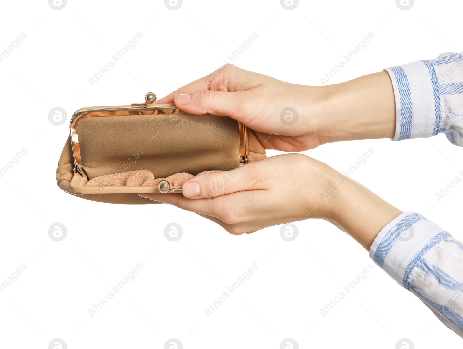 Photo of Woman with empty wallet on white background, closeup