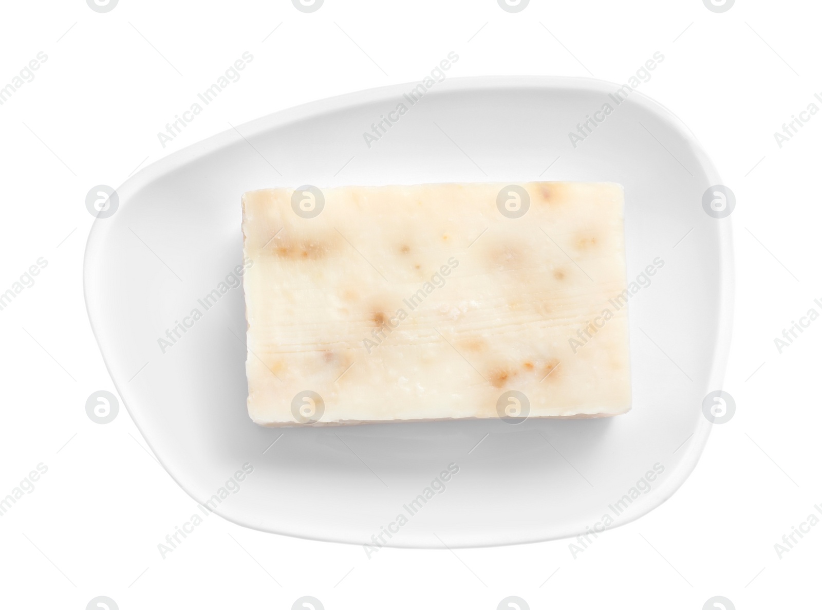 Photo of Holder with soap bar on white background, top view