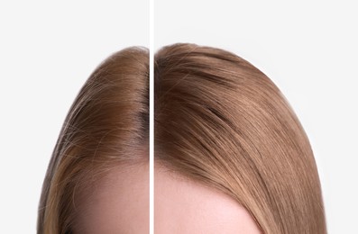 Image of Closeup view of young woman before and after hair dyeing on light background, collage