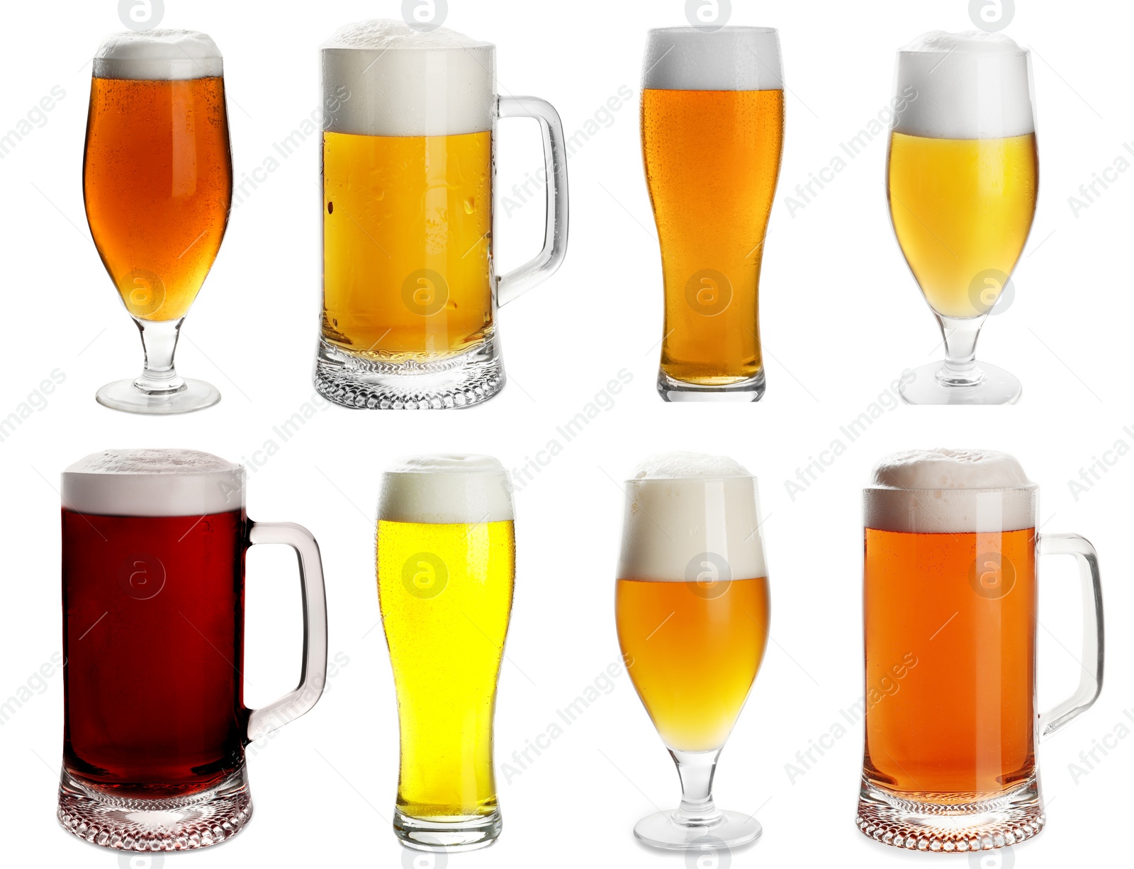 Image of Set with cold tasty beer on white background