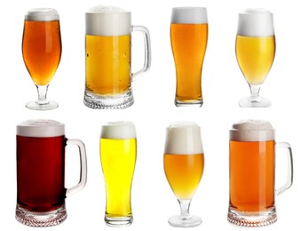 Set with cold tasty beer on white background