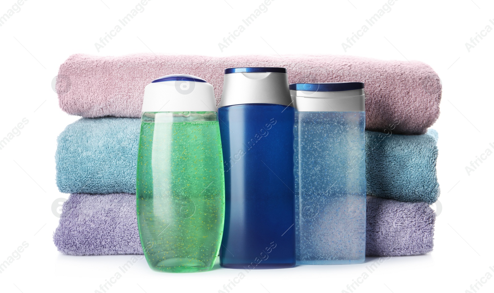 Photo of Personal hygiene products with towels on white background